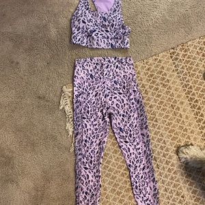 Fabletics lavender color leopard print leggings and sports bra
